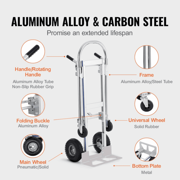 Aluminum Truck, 2 in 1, 800 Lbs Load Capacity, Heavy Duty Industrial Convertible Folding Hand Truck and Dolly, Utility Cart Converts from Hand Truck to Platform Cart with Rubber Wheels - Image 4