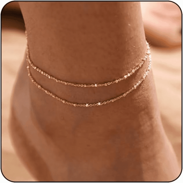 Gold/Silver Ankle Bracelets for Women,14K Gold Anklets for Women Waterproof Cuban Link Heart Beads Herringbone Rhinestone Anklets Set Layered Anklet Bracelets for Women Gold Jewelry Gift