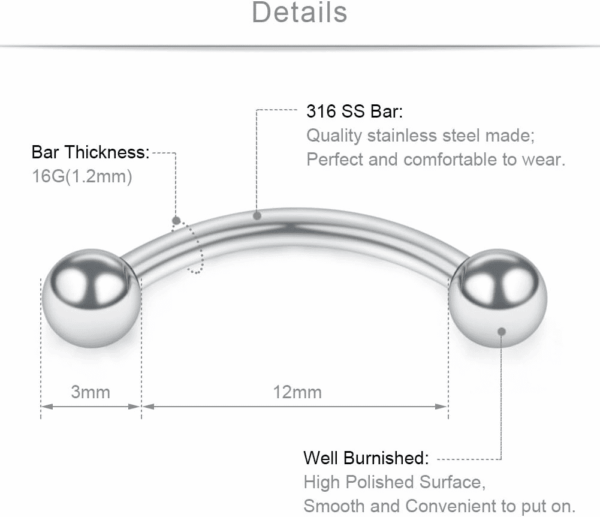 12PCS 16G Stainless Steel Curved Barbell Eyebrow Tragus Helix Ear Belly Lip Ring Body Piercing Jewelry - Image 2