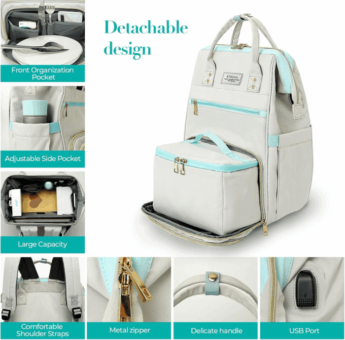 Lunch Backpack, 15.6 Inch Laptop Backpack with USB Port, Stylish Nurse, Teacher Work Bag with Insulated Cooler Lunch Box for Women Men/Travel, Grey Blue - Image 2