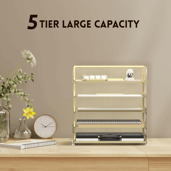 5 Trays Paper Organizer Letter Tray with Handle-Mesh Desk File Organizer, Paper Sorter Desk Organizer for Office, Home or School (Golden) - Image 4