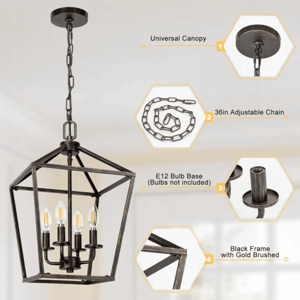 4 Light Chandelier Lighting, Industrial Ceiling Light Black Lantern with Brushed Gold, Geometric Metal Hanging Light Fixture with Adjustable Chain, E12 Base for Entryway Kitchen Island, Indoor Use - Image 5