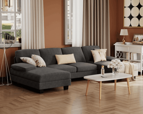 Sectional Couches for Living Room, U-Shaped Sofa Couch with Linen Fabric, 4 Seat Sofa Set with Double Chaise for Apartment (Corduroy, Dark Grey) - Image 7