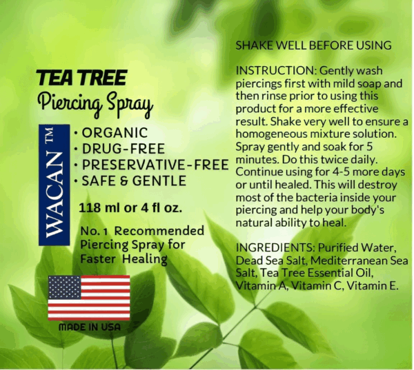 Fast-Healing Tea Tree Piercing Spray Solution Organic Essential Oil with Natural Sea Salts and Vitamins Solution Aftercare (4 OZ, Personal Size) - Image 2