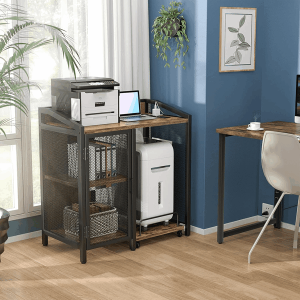 3-Tier Lateral Office Filing Cabinets with Socket and USB Charging Port, Modern Printer Stand and Paper Shredder Stand Rack with Wheels and Open Storage Shelves for Home Office, Rustic Brown - Image 7