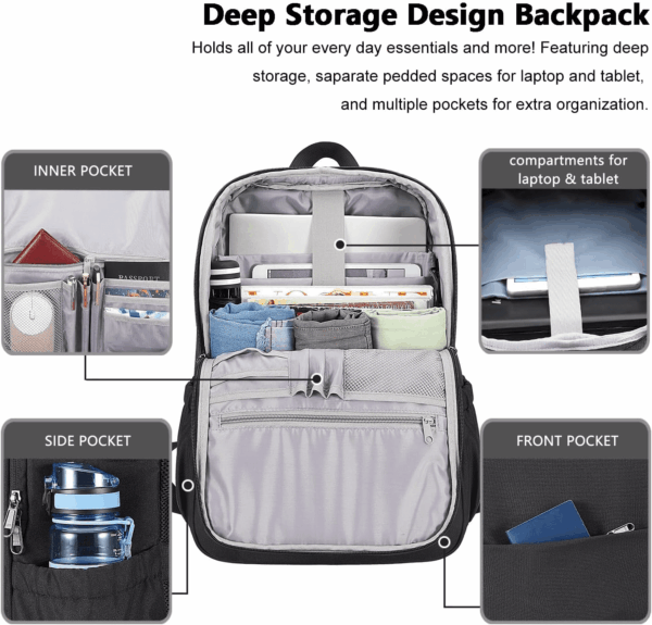 Deep Storage Laptop Backpack with USB Charging Port[Water Resistant] College Computer Bookbag Fits 15 Inch Laptop Black - Image 2