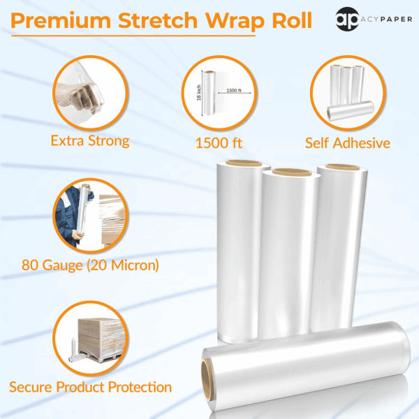 , 18" Stretch Film/Wrap 1500 Feet 80 Gauge Industrial Strength, up to 800% Stretch 20 Microns Clear Cling Durable Adhering Packing Moving Packaging Heavy Duty Shrink Film (4 Rolls/Box) - Image 4