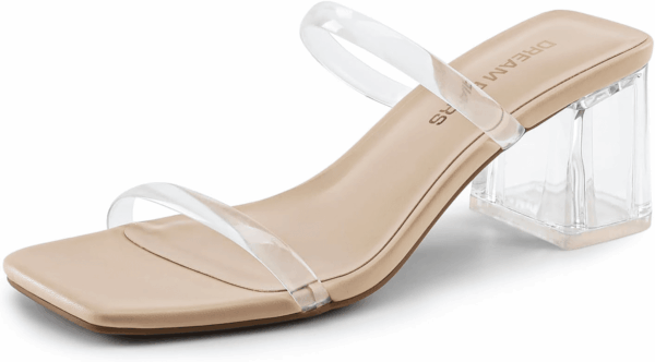 Sandal Heels for Women Low Square Open Toe Block Chunky Heels Slip on Slides Mules for Party Homecoming Daily