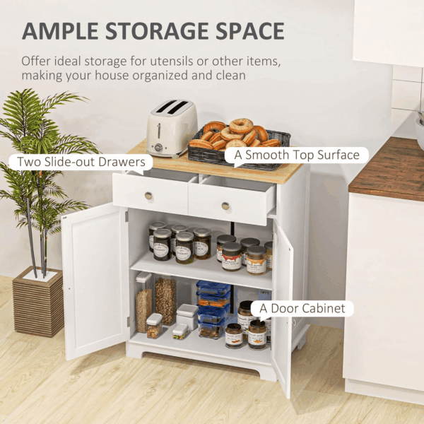 Sideboard with Solid Wood Countertop, Modern Kitchen Storage Cabinet, Coffee Bar Cabinet with 2 Drawers, Doors and Adjustable Shelf, Distressed White - Image 4