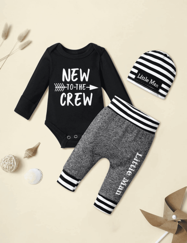Newborn Baby Boy Clothes New to the Crew Letter Print Romper+ Pants+Hat 3PCS Outfit - Image 4