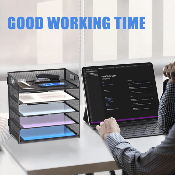 2 Pack 5-Tier Desk Organizer with Handle Mesh Desk File/Paper Organizer Letter Tray for Office, School and Home Easy Installation, Black - Image 2