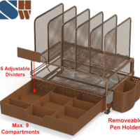 Mesh Desk Organizer with Sliding Drawer, Double Tray and 5 Upright Sections, Copper - Image 3