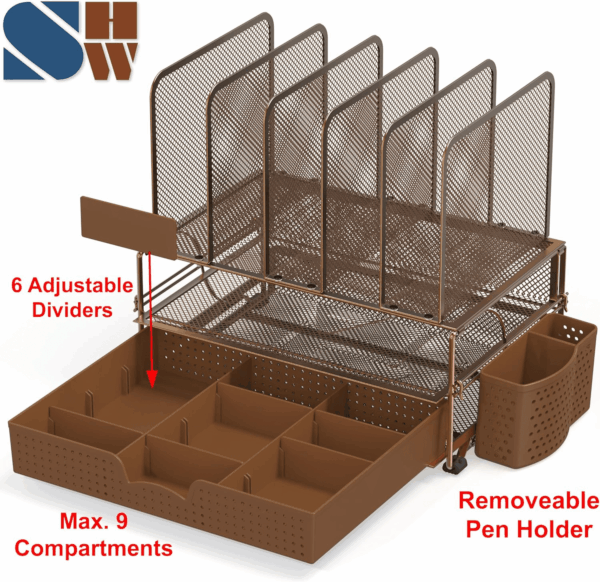 Mesh Desk Organizer with Sliding Drawer, Double Tray and 5 Upright Sections, Copper - Image 3
