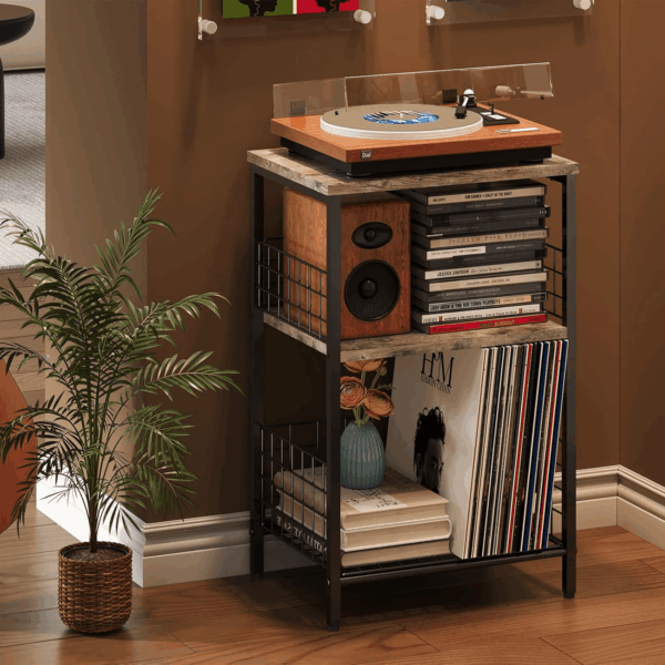 Side Table, Small End Table Record Player Stand with Storage, Vinyl Record Storage Night Stand for Living Room, Bedroom,Office(Patent Pending)(Brown&Black) - Image 9