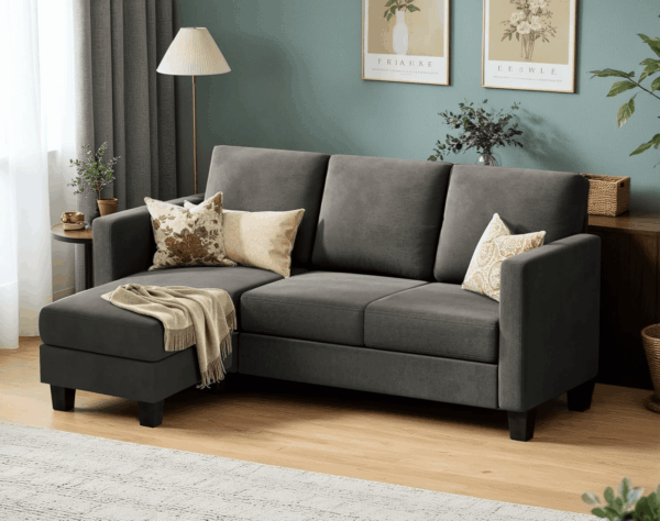 Convertible Sectional Sofa Couch, 3 Seat L-Shaped Sofa with Linen Fabric Ottoman Small Couch for Small Apartments, Living Room and Office (Linen Fabric, Dark Gray) - Image 3