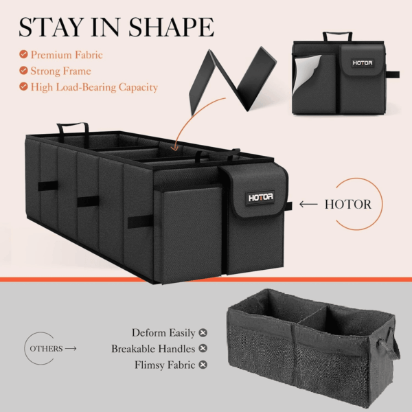 Foldable Trunk Organizer - SUV & Sedan Compatible, 3 Compartment, Black, 31.9"×12.6"×10.6" Sturdy Car Organization for Accessories, Tools, Sundries - Image 3