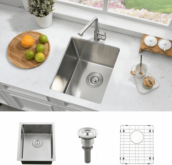 Undermount Bar Sink Stainless Steel- 13X15 Inch Small Kitchen Wet Bar Sink Stianless Steel 16 Gauge Deep Single Bowl Kitchen Sinks with Bottom Dish Grid&Strainer