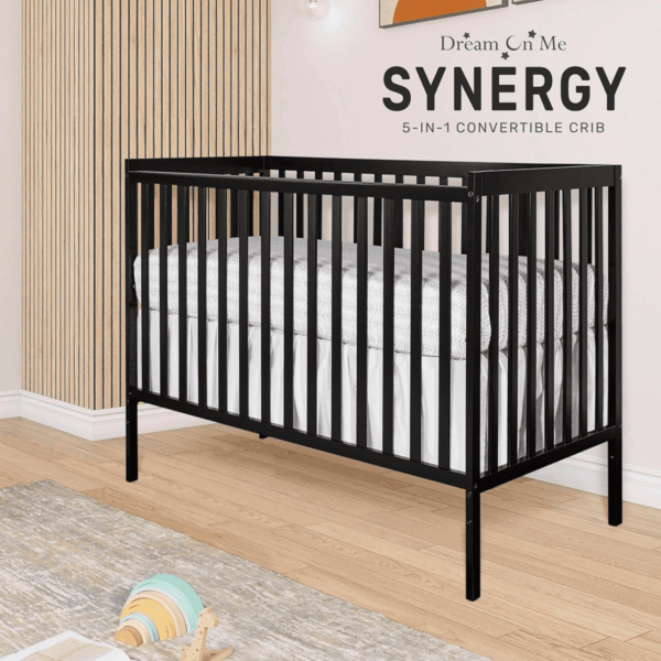 Synergy 5-In-1 Convertible Crib in Black, JPMA & Greenguard Gold Certified, Constructed Out of Solid Reclaimed New Zealand Pine Wood, Features 3 Mattress Height Settings - Image 6