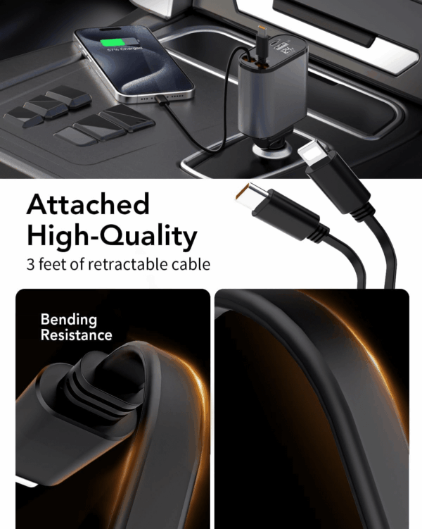 Retractable Car Charger Adapter,4 in 1 Fast Charging Car Phone Charger,69W USB C Car Truck Accessories,Road Trip Essentials Gift for Men Women for Iphone 16/15/14/13/12/11,Galaxy,Pixel - Image 7