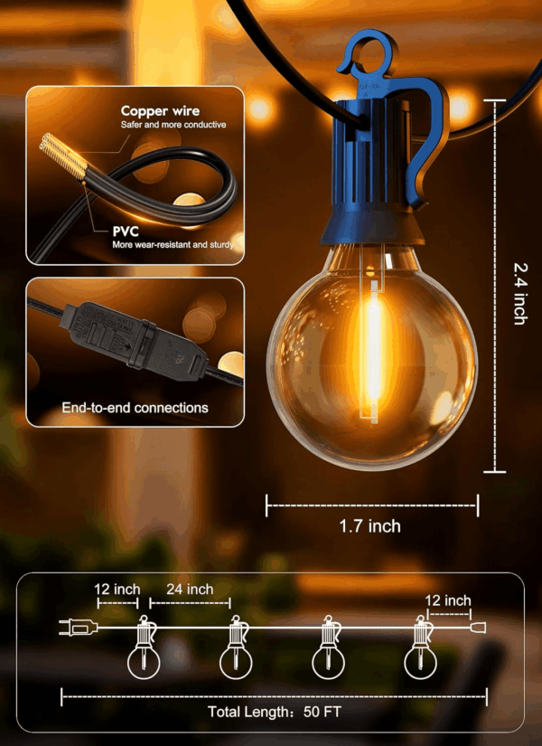 Outdoor String Lights - Connectable Dimmable LED Patio String Lights with G40 Globe Plastic Bulbs, All Weatherproof Hanging Lights for outside Backyard Porch (50 Ft - 25 LED Bulbs) - Image 6