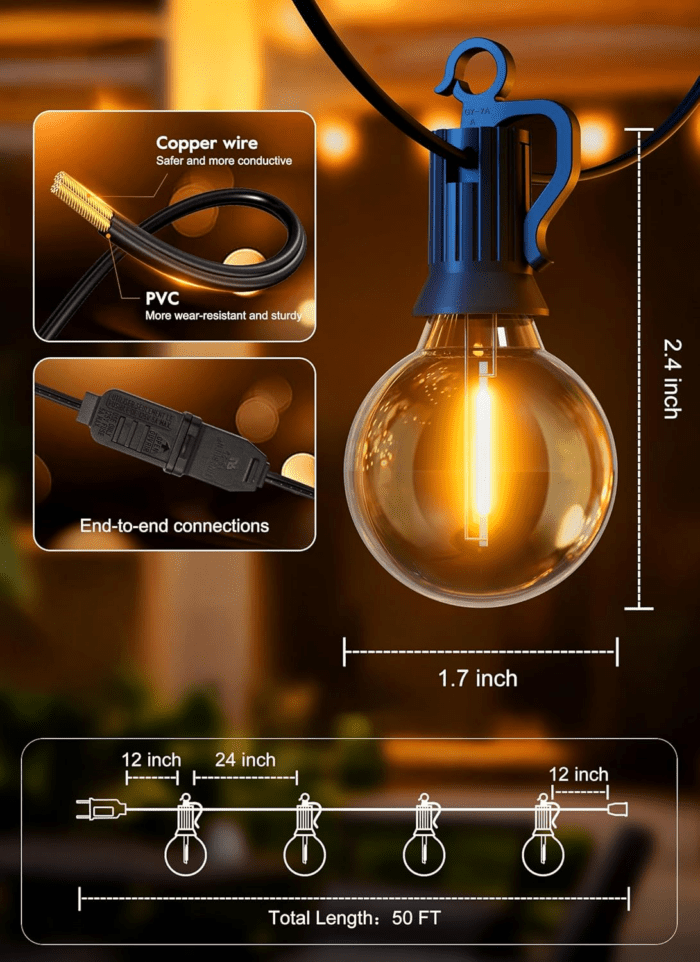 Outdoor String Lights - Connectable Dimmable LED Patio String Lights with G40 Globe Plastic Bulbs, All Weatherproof Hanging Lights for outside Backyard Porch (50 Ft - 25 LED Bulbs) - Image 6