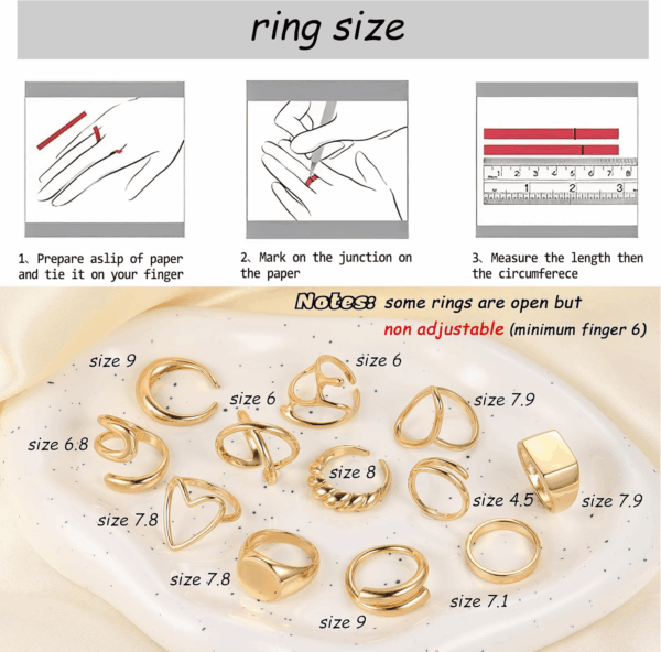 12PCS Gold Stackable Rings Set for Women, 18K Gold Plated Open Stacking Knuckle Ring, Adjustable Chunky Signet Rings for Gift - Image 7