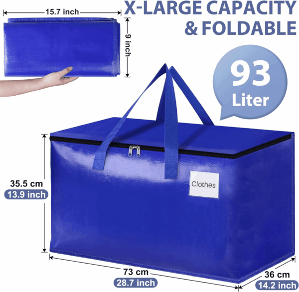 Moving Bags-Heavy Duty Moving Boxes, Storage Totes with Zipper, Reinforced Handles and Tag Pocket-Collapsible Moving Supplies for Moving, Storage and Travel 93L(Blue-6 Pack) - Image 2