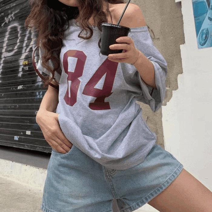 Off the Shoulder Tops for Women Short Sleeve Y2K Jersey Number Graphic Oversized Tshirts E-Girl Tees - Image 2