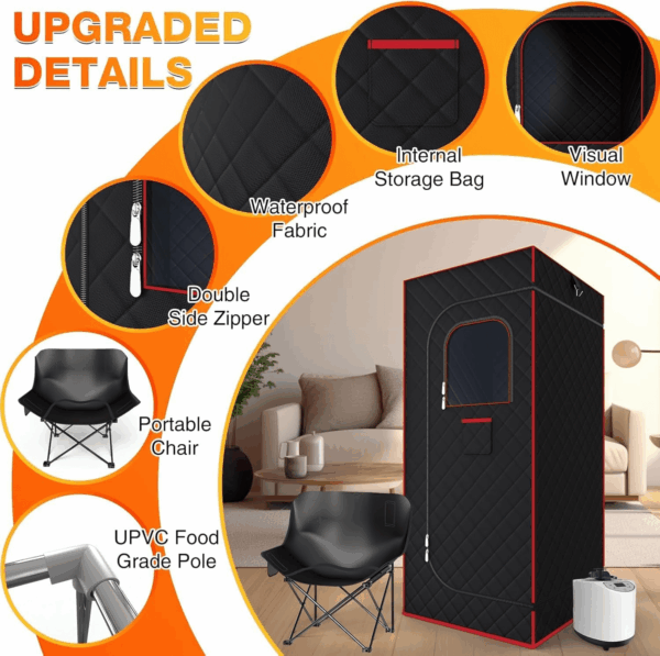Portable Sauna Box for Home - Four-Sided Full-Size Steam Sauna Tent with 3 L Steamer, Chair, Remote Control, Infrared, Health Benefits and Relaxation - Image 4