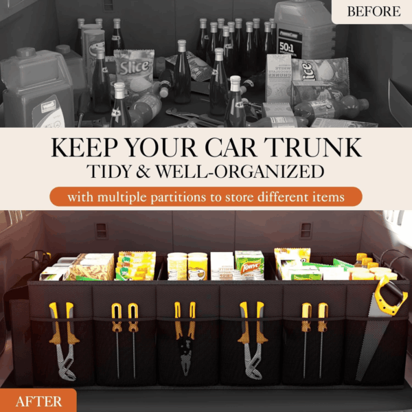 Foldable Trunk Organizer - SUV & Sedan Compatible, 3 Compartment, Black, 31.9"×12.6"×10.6" Sturdy Car Organization for Accessories, Tools, Sundries - Image 6