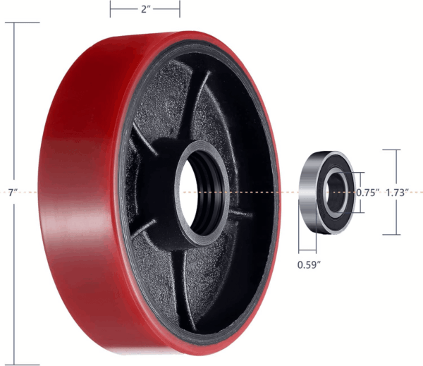 Pallet Jack Replacement Steer Wheels with 20 Mm ID Bearings - 7"X2" Pair Red - Image 3