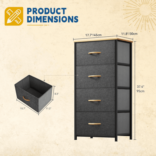 4 Drawers Dresser, Small Dresser for Bedroom, Fabric Storage Tower, Chest of Drawers, Organizer Unit for Closets, Living Room, Sturdy Steel Frame, Wooden Top, Easy Pull Handle - Image 3