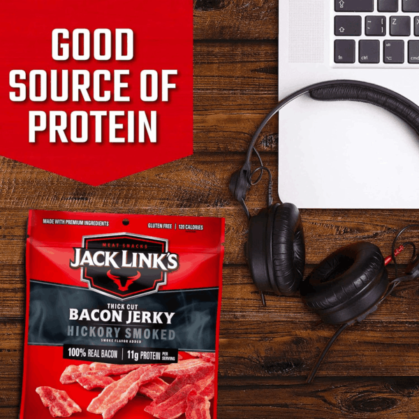 Bacon Jerky, Hickory Smoked - Flavorful Ready to Eat Meat Snack with 11G of Protein, Made with 100% Thick Cut Real Bacon, Protein Snack, Keto & Paleo Diet Ready, 2.5 Oz. - Image 4