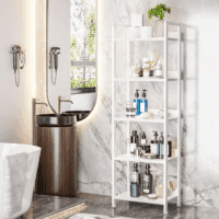 5 Tier Bookshelf with Drawer, Tall Narrow Bookcase with Shelves, Wood and Metal Book Shelf Storage Organizer, Modern Display Standing Shelf Unit for Bedroom, Living Room, Office, White - Image 9