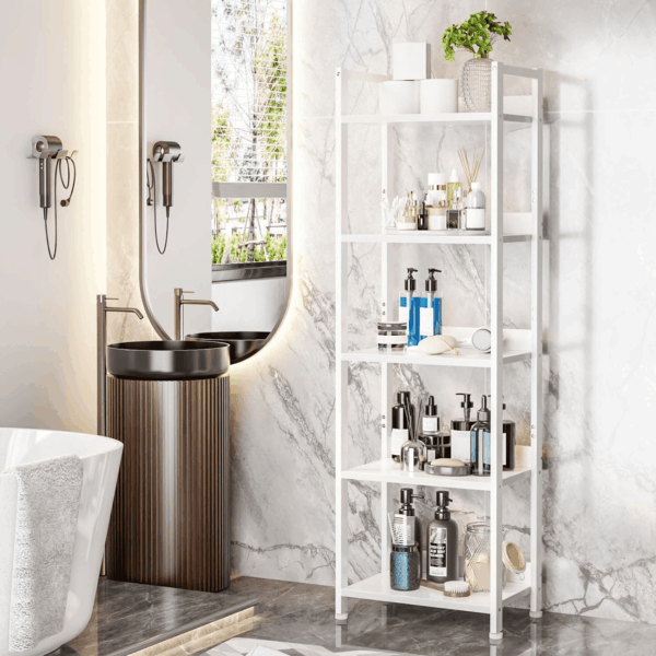 5 Tier Bookshelf with Drawer, Tall Narrow Bookcase with Shelves, Wood and Metal Book Shelf Storage Organizer, Modern Display Standing Shelf Unit for Bedroom, Living Room, Office, White - Image 9