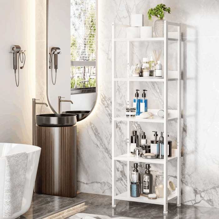 5 Tier Bookshelf with Drawer, Tall Narrow Bookcase with Shelves, Wood and Metal Book Shelf Storage Organizer, Modern Display Standing Shelf Unit for Bedroom, Living Room, Office, White - Image 9