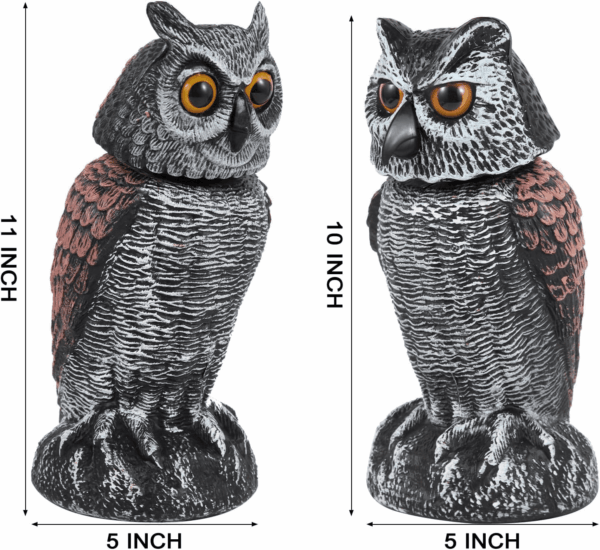 2 Pack Fake Owl Decoys to Scare Birds Away, Rotating Head Bird Deterrents, Nature Enemy Scarecrow Plastic Statues, Pest Repellent for Gardens and Patios - Image 3