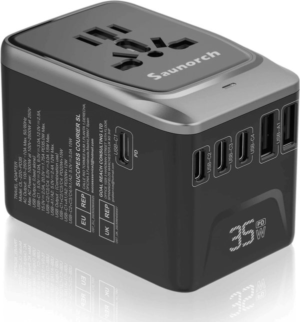 Universal Travel Adapter, PD 35W 7 in 1 International Power Plug Adapter with 7.0A 4 USB-C and 2 USB-A Fast Wall Charger, Worldwide AC Outlet for US Europe UK AUS (Black+Silver)
