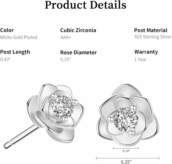 14K Gold Plated 925 Sterling Silver Post Cubic Zirconia Rose Flower Stud Earrings for Women | Hypoallergenic & Nickel Free Earrings for Women - Image 2