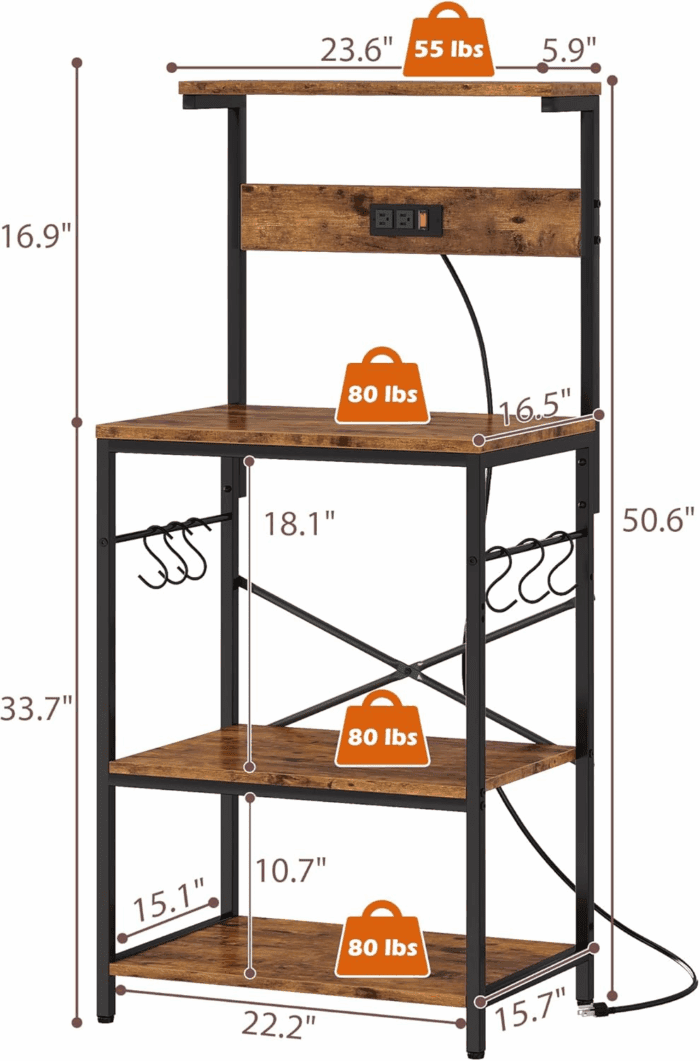 Kitchen Bakers Rack with Power Outlet, Coffee Bar Table 4 Tiers, Kitchen Microwave Stand with 6 S-Shaped Hooks, Kitchen Storage Shelf Rack for Spices, Pots and Pans - Rustic Brown - Image 9