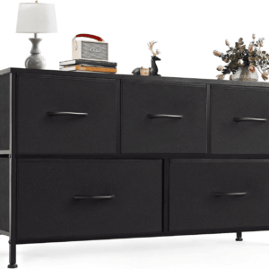 Dresser for Bedroom with 5 Drawers, Wide Chest of Drawers, Fabric Bedroom Dresser with Drawer Organizer, Storage Organizer Unit with Fabric Bins for Closet, Living Room, Hallway, Classic Black