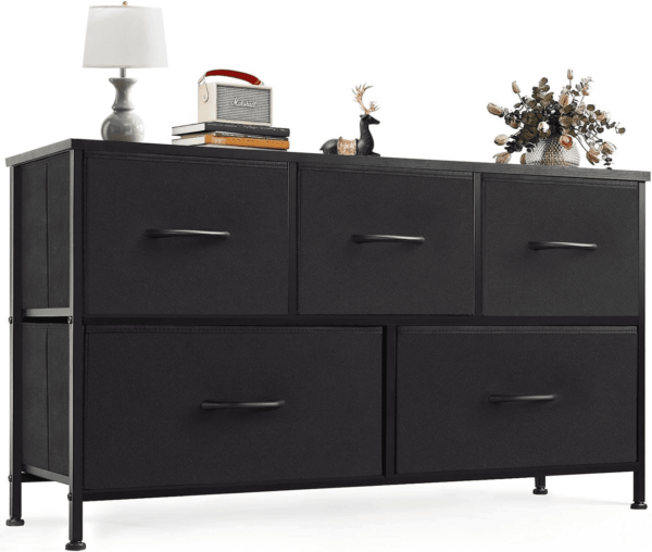 Dresser for Bedroom with 5 Drawers, Wide Chest of Drawers, Fabric Bedroom Dresser with Drawer Organizer, Storage Organizer Unit with Fabric Bins for Closet, Living Room, Hallway, Classic Black