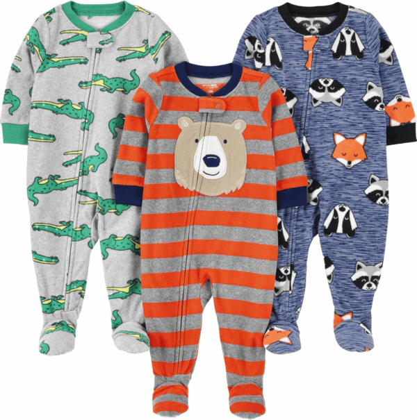 Toddlers and Baby Boys' Loose-Fit Flame Resistant Fleece Footed Pajamas, Pack of 3