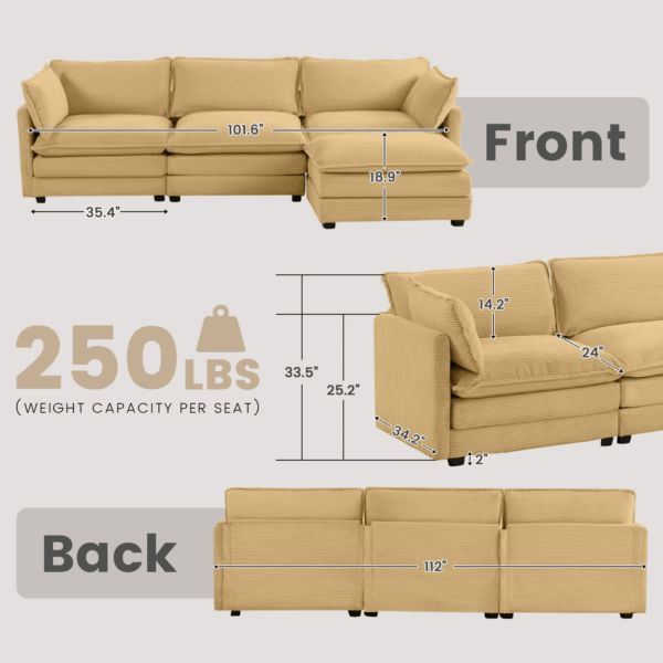 Oversized Modular Sectional Sofa with Movable Ottoman, 112 Inch 4 Seat Modern Corduroy Sofa Set, Convertible L Shaped Couch for Living Room and Office, Yellow - Image 2