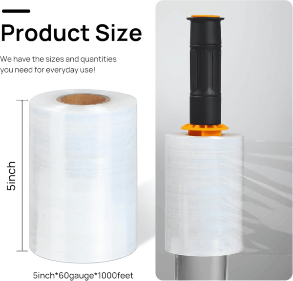 6 Pcs 5" X 1000Ft X 60 Gauge Stretch Film Clear Wraping Film Roll with 2 Handles, Industrial Strength Plastic Moving Stretch Film for Moving, Pallet Wrapping, Self Adhering Heavy Duty Shrink Film - Image 2