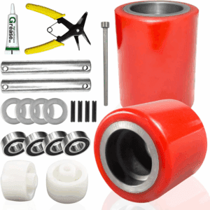 Pallet Jack/Truck Load Wheels Full Set with Axles and Entry Exit Roller 3" X 3.75" with Bearings ID 20Mm Red Pallet Jack/Truck Polyurethane Load Wheels Kit