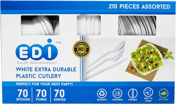 [210 Piece] White Disposable Plastic Cutlery Set, Assorted - 70 Forks, 70 Knives, 70 Spoons | Extra Durable - Image 7