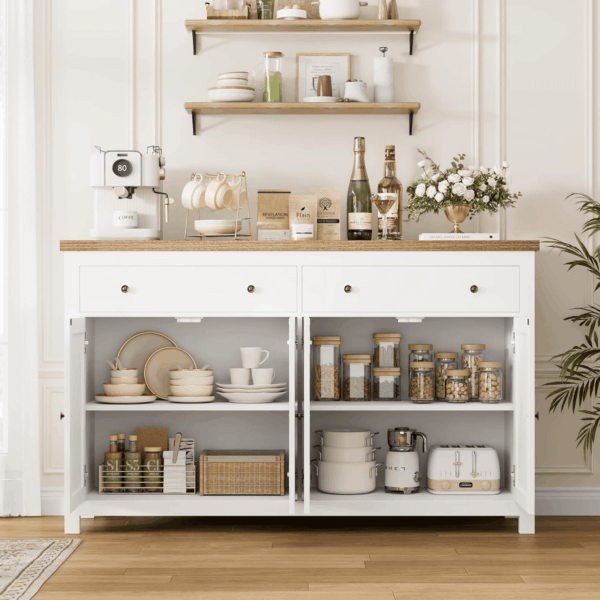 Sideboard Buffet Cabinet with Storage, 55" Large Kitchen Storage Cabinet with 2 Drawers and 4 Doors, Wood Coffee Bar Buffet Table Console Table for Kitchen Dining Room, White - Image 8