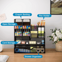 Mesh Pen Holder for Desk, Multi-Functional Pencil Organizer with Drawer, Desk Organizers and Accessories for Office Art Supplies (Black) - Image 2