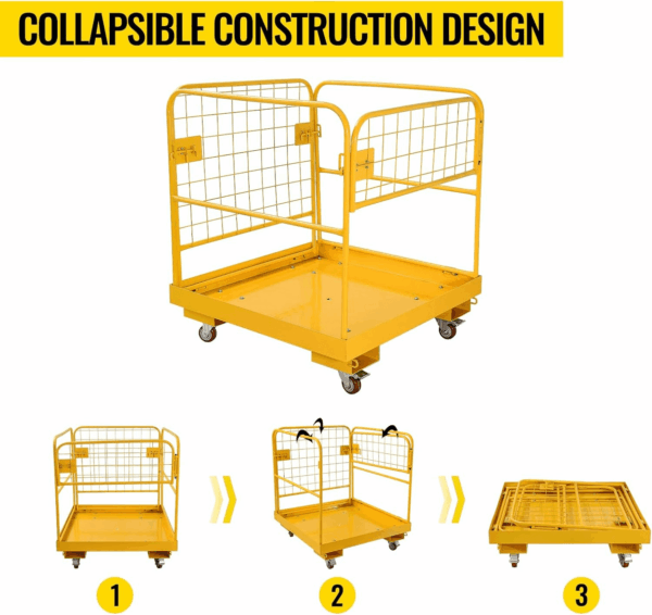 Forklift Safety Cage 36''X36'' Heavy Duty Steel Forklift Work Platform 1150LBS Capacity with 4 Universal Wheels Collapsible Lift Basket Aerial Rails Aerial Platform, Yellow - Image 4